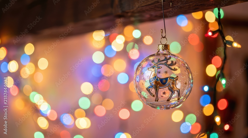 Fototapeta premium A blurry photograph of out-of-focus multi-colored festive string lights creating a magical backdrop of soft glowing light spheres and colors, background, bokeh photography, soft