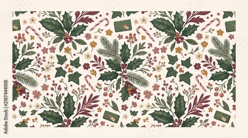 Vintage christmas seamless pattern with holly berries and pine branches