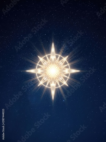 A brilliant Christmas star radiates intensely in the dark blue night sky, symbolizing hope, peace, and divine light, scenic, twilight, outdoors
