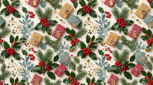 Seamless christmas pattern with holly berries and gifts