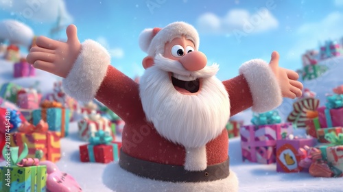 Animated Santa Claus joyfully opens his arms amidst colorful presents in a snowy, festive winter scene.