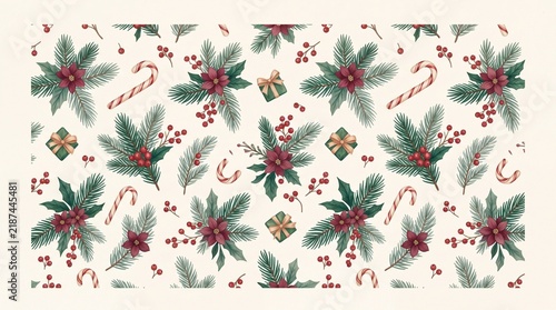 Watercolor christmas seamless pattern with poinsettia and pine branches