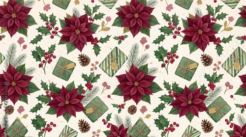 Seamless christmas pattern with poinsettia flowers and gifts