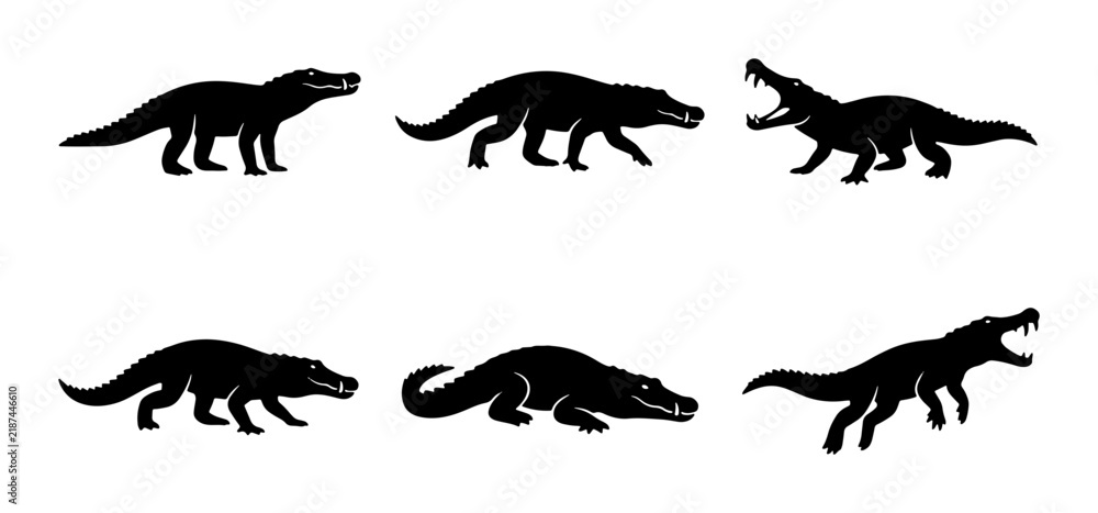 Obraz premium Crocodile Silhouettes, Reptile Icon Set, Alligator Poses, Wildlife Vector Graphics