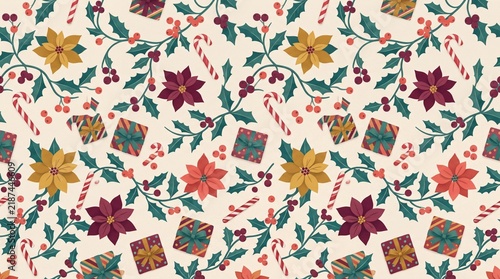 Seamless christmas pattern with poinsettia flowers and holly berries