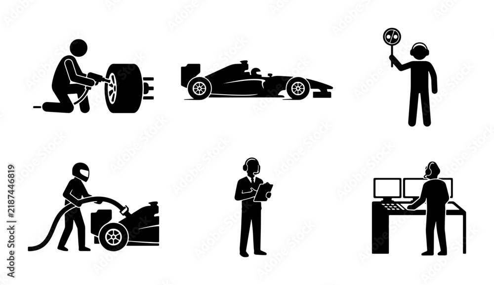 Obraz premium Formula 1 Pit Stop Icons: Racing Car, Mechanic, Refueling, Strategy, Control Room, Driver