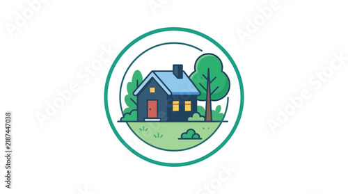 Cozy House Illustration with Trees and Greenery in Circle