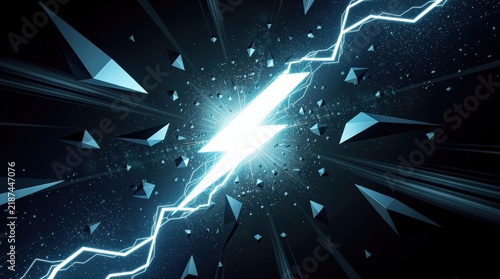 A bright, jagged lightning bolt bursts through a dark, shattered environment with dynamic shards and light rays radiating outward.