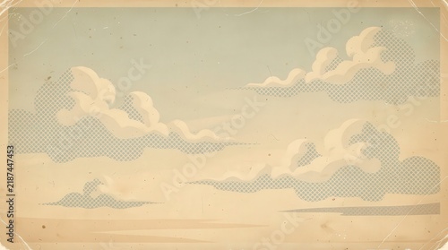Vintage-style illustration of a cloudy sky with soft, dotted shading and pastel tones on aged paper.