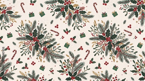 Vintage christmas pattern with mistletoe and festive holly berries