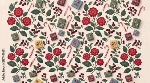 Festive holiday pattern with red flowers berries and gift boxes