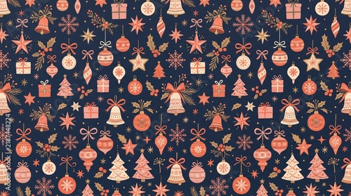 Seamless christmas pattern featuring festive ornaments and bells