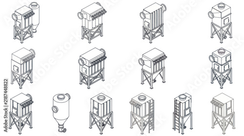 Isometric Line Art Collection of Industrial Dust Collectors and Filtration Systems.