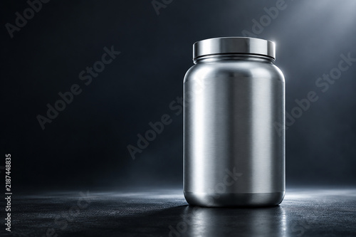 Metallic Silver Protein Powder Tub Mockup on Ground With Futuristic Sports Nutrition Aesthetic