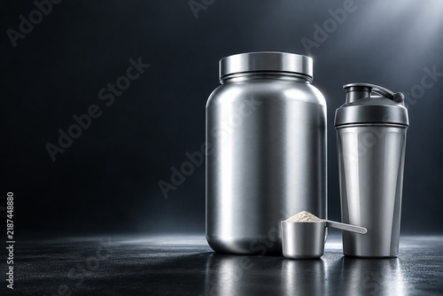 Premium Protein Tub, Shaker Bottle and Scoop Product Set Mockup on Ground