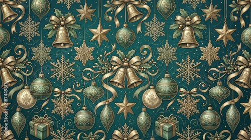 Elegant holiday pattern featuring golden bells stars and ornaments