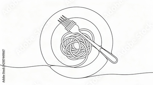 Minimalist line drawing of a plate with spaghetti twirled on a fork.