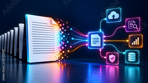 Digital document transformation with data flow connecting to glowing icons for cloud storage, analytics, and security