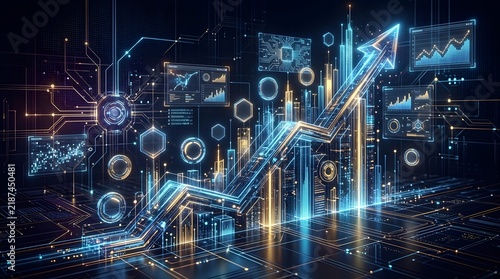 Sophisticated digital investment dashboard with glowing financial charts and data analytics growth.