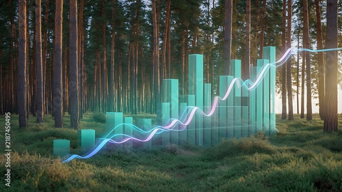 Abstract financial chart with glowing trend line in a forest.