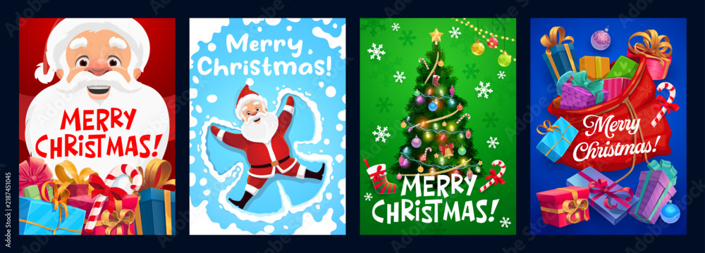 Fototapeta premium Christmas greeting cards and posters. Festive vector cards featuring cute Santa Claus carrying gifts, making a snow angel. Decorated tree with garlands, baubles, and large present sack