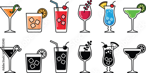 Cocktail drink icon collection featuring colorful and black outline styles for bar menus, party designs