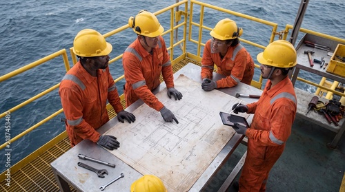 Offshore Team Briefing: A focused team of oil rig workers, clad in orange safety suits and hard hats, gather around a blueprint on a table at sea, discussing plans on a tablet.