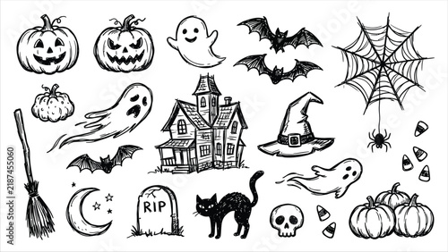 Set of hand drawn halloween themed icons featuring pumpkins ghosts bats and a haunted house illustration
