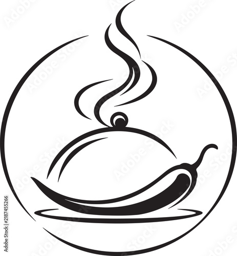 restaurant logo vector. Black line art illustration of a steaming covered dish with domed lid and plate, Concept of food, cooking, dining and hospitality