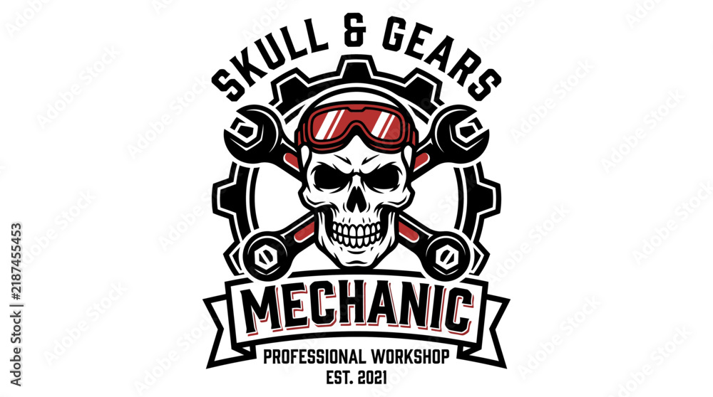 Fototapeta premium Skull and Gears Mechanic Workshop Logo Illustration on White Background
