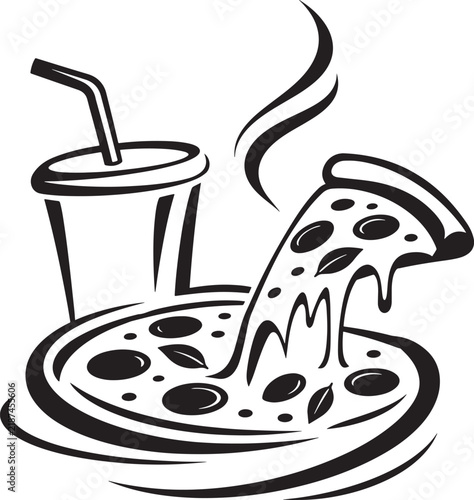 Steaming pizza vector melting cheese, olives and basil on a plate beside a takeaway drink with straw, bold black line art. Concept of Italian cuisine, fast food