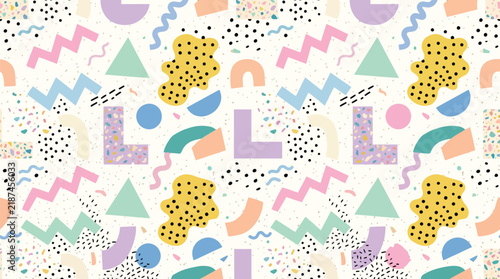 Modern Memphis Style Abstract Seamless Pattern with Pastel Geometric Shapes and Dots