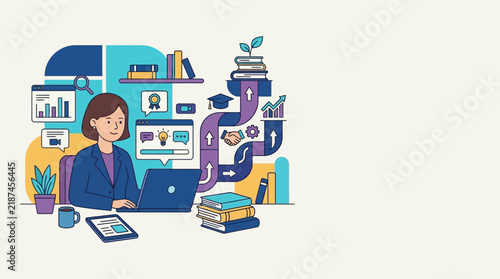 Creative professional working in a modern home office surrounded by books.