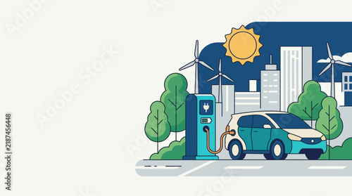 Illustrated eco-friendly city with electric vehicle charging station and renewable energy sources.