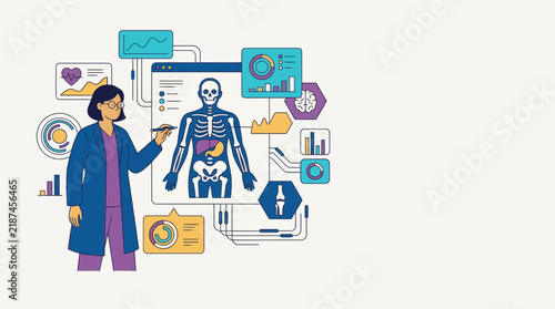 Female scientist presenting digital health and medical technology innovations.