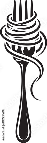 Fork with swirling spaghetti pasta vector logo forming an elegant vertical food emblem in bold black line art. Concept of Italian cuisine, restaurant, cooking, dining and culinary branding