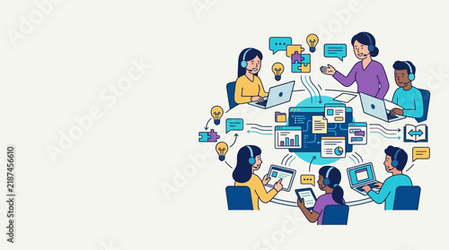 Diverse team collaborating virtually using digital devices and communication tools.