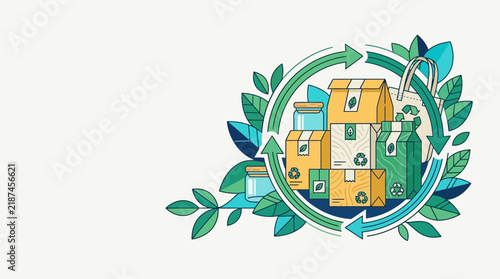 Colorful illustration of houses with recycling arrows and green leaves.