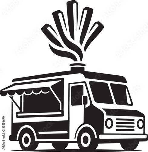 Food truck logo vector featuring a mobile street kitchen with a large French fries symbol on the roof, bold black line art for fast food branding. Concept of street food