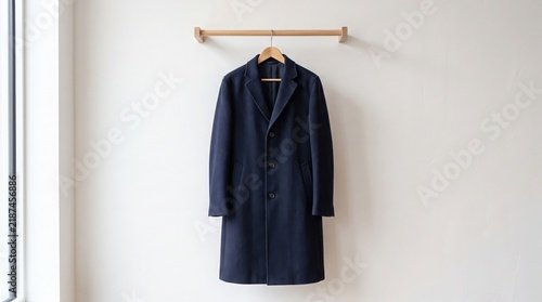 Navy Blue Overcoat Hanging on Wooden Rack