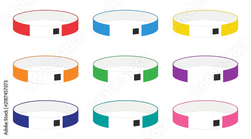 Wristbands in assorted colors provide blank template design for festival admission and event ticketing.