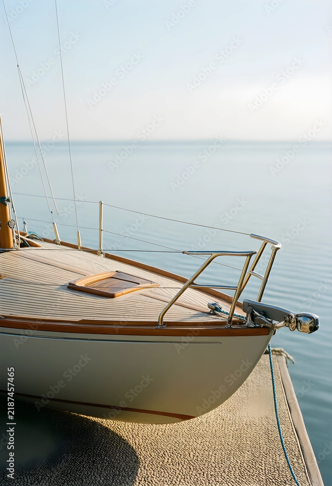 Fototapeta premium Luxury travel and leisure lifestyle, classic wooden sailboat moored at a quiet dock on calm ocean water during a peaceful summer morning