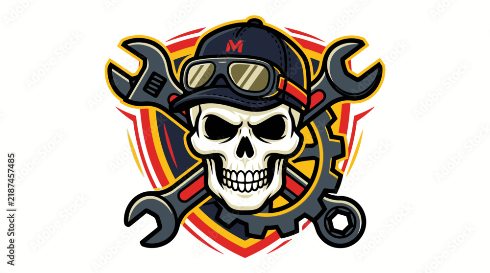 Fototapeta premium Graphic Illustration of a Mechanic Skull Mascot with Wrenches and M Logo Gear Emblem