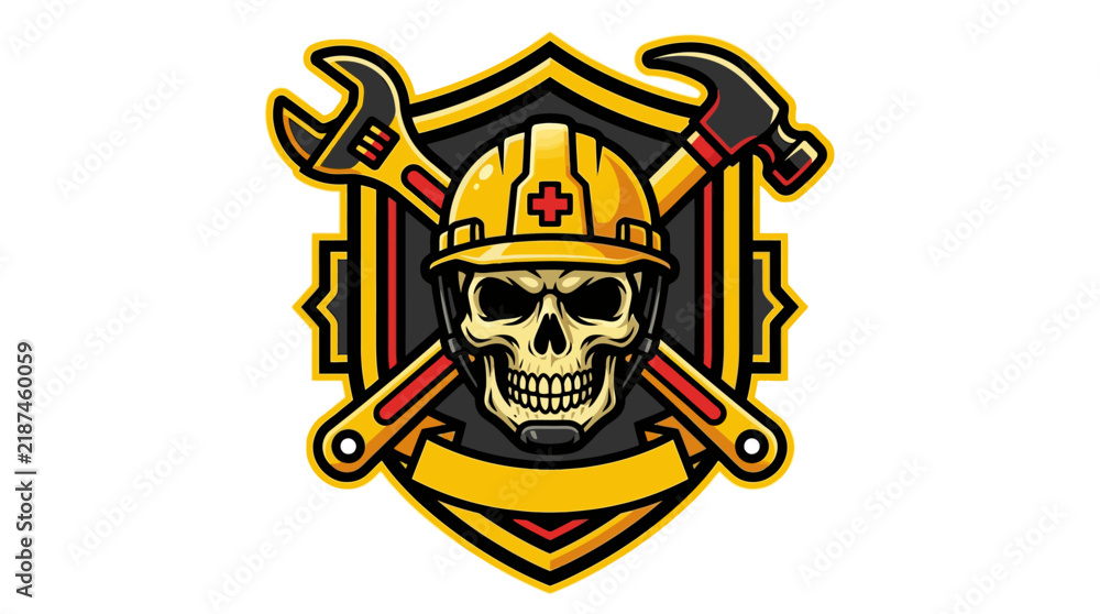 Fototapeta premium Construction Worker Skull Mascot Logo Featuring Tools and Safety Shield Emblem
