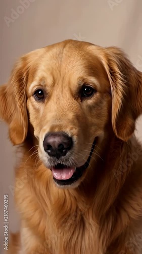 Golden Retriever Portrait, Close-up of a friendly golden retriever looking directly into the camera, gentle panting and blinking, clean neutral background 