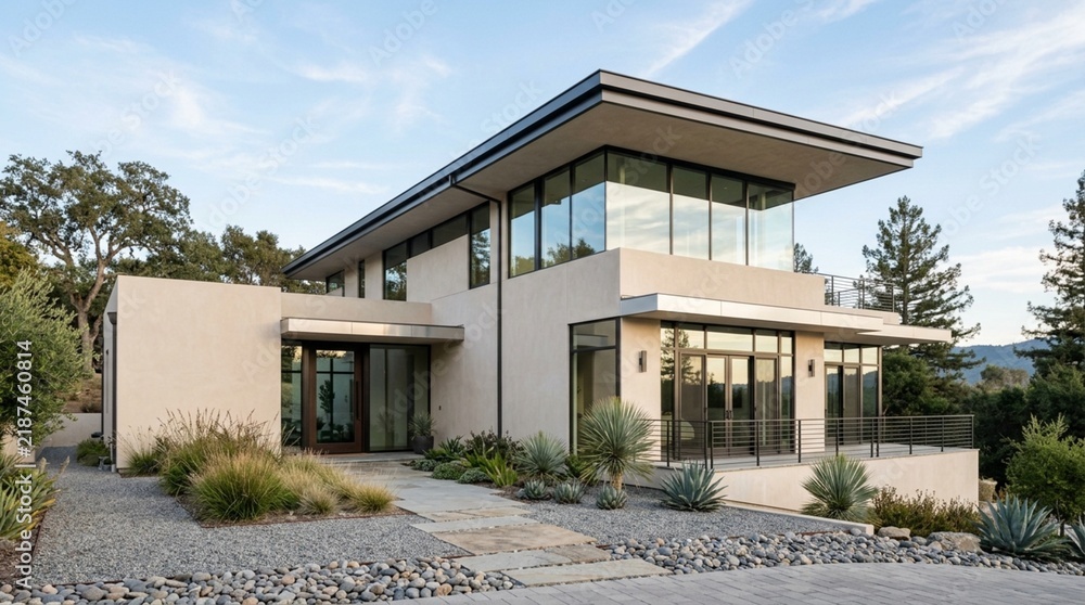 Fototapeta premium Modern Luxury Home with Large Windows and Natural Landscaping