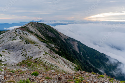 Konstfotografi Panoramic Sunrise Over Scree Ridge and Sea of Clouds, Hakuba, Japan Alps