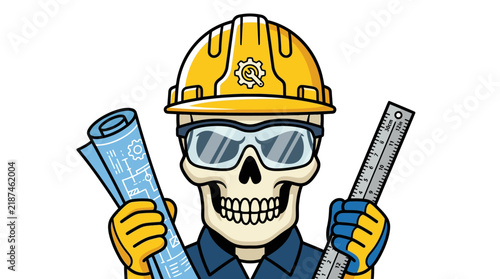 Construction Site Worker Skull Character Holding Blueprints and Ruler Illustration