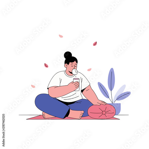 Woman Meditating and Drinking Tea in a Calm, Minimalist Setting with Plant and Petals