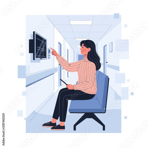 Woman Interacting with Digital Screen in a Modern Hallway
